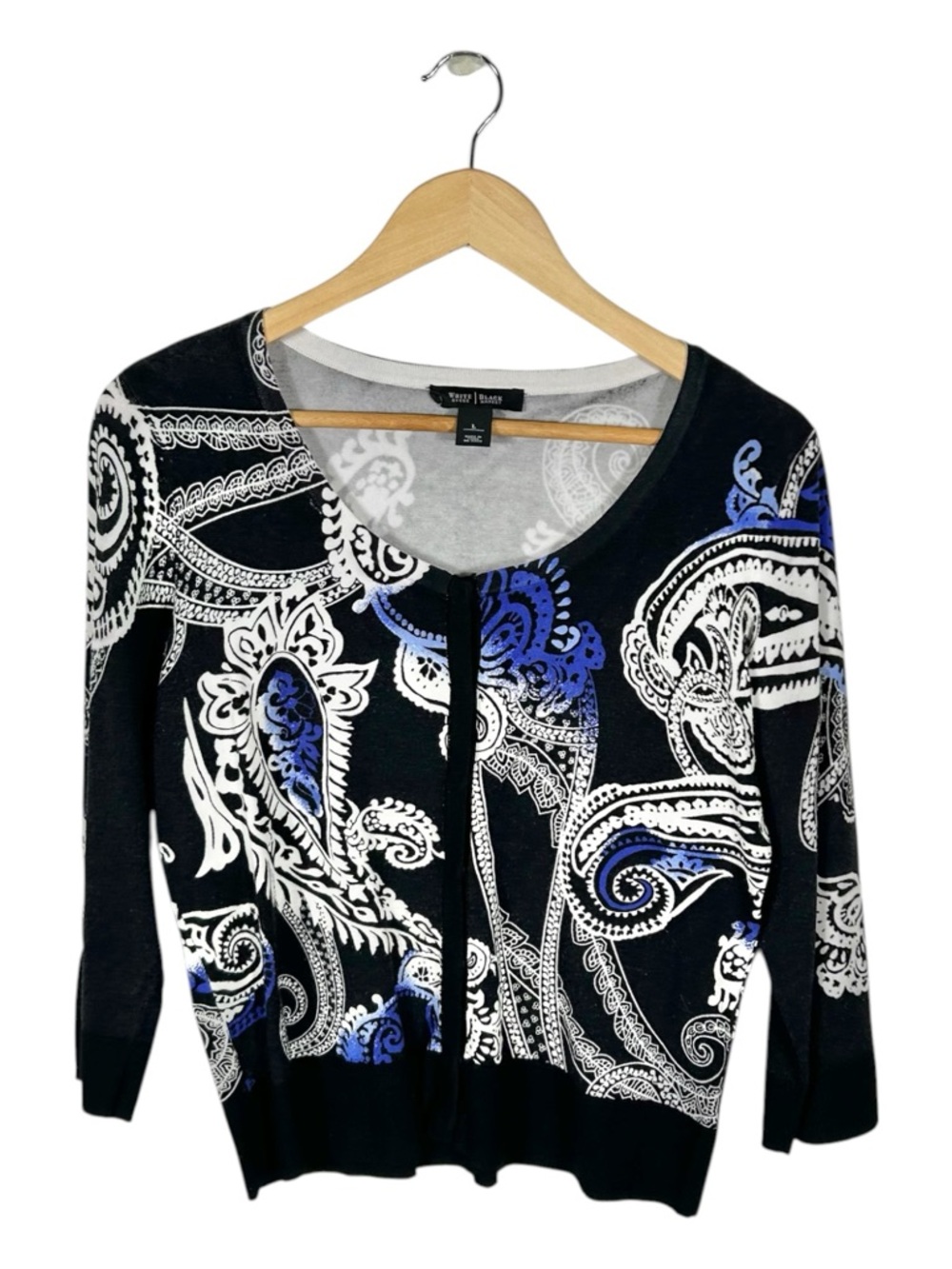 White House Black Market Women’s Paisley Blue Black White Cardigan Size Large